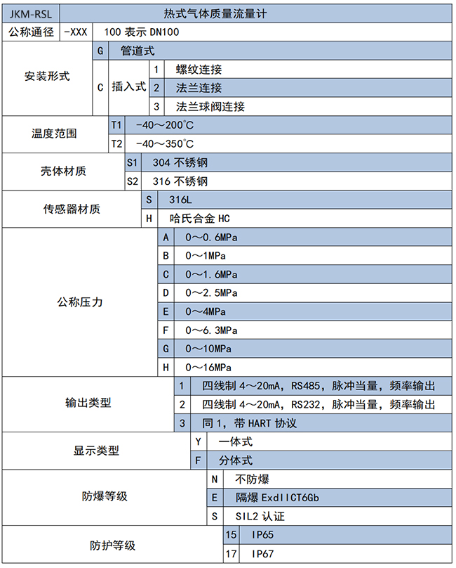 壓縮空氣熱式氣體質(zhì)量流量計選項表