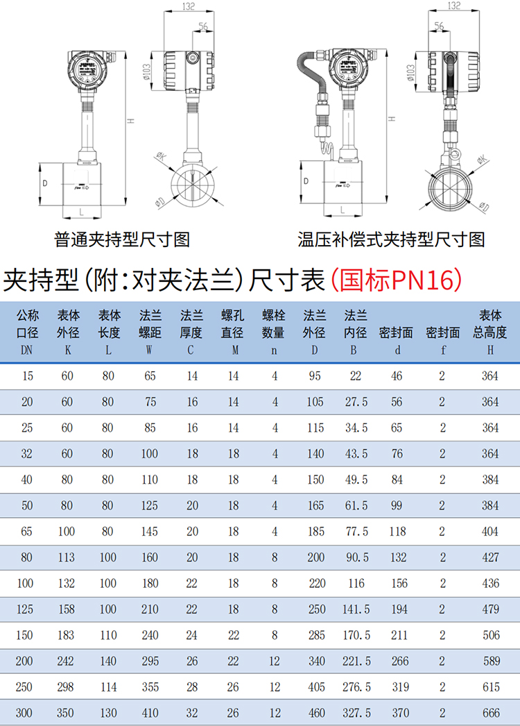 溫壓補(bǔ)償渦街流量計(jì)夾持式尺寸圖