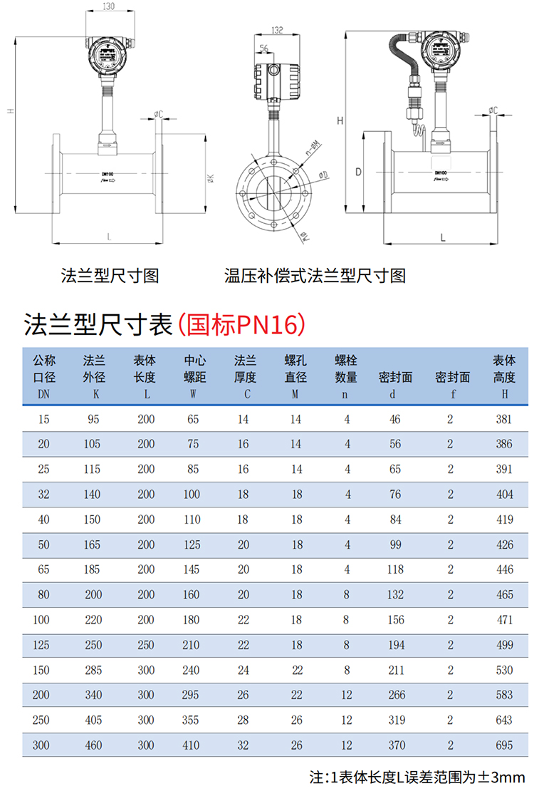 管道式渦街流量計法蘭式尺寸圖